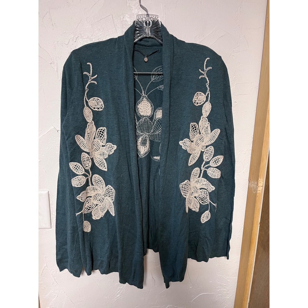 Knitted & Knotted Anthropologie Teal Blue Floral Embroidered‎ Silk Blend Cardi S